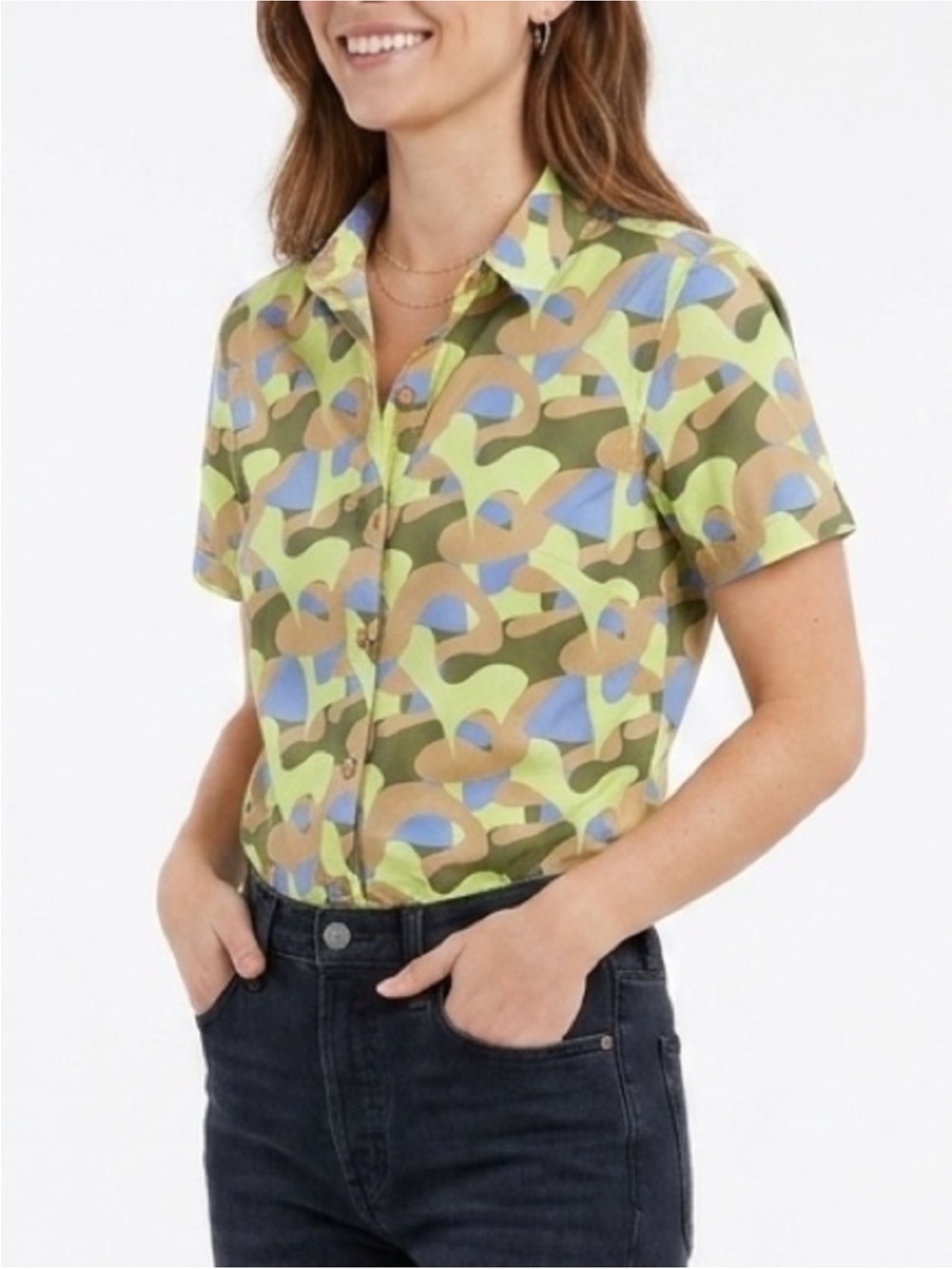 Wildfang Short-Sleeve Button Front Top - Green Multi